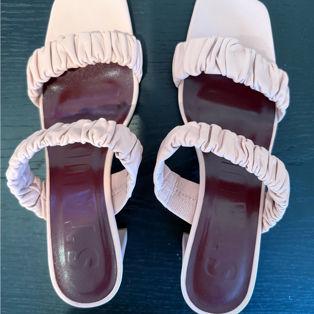STAUD Cream Heels with Textured Ruched Straps